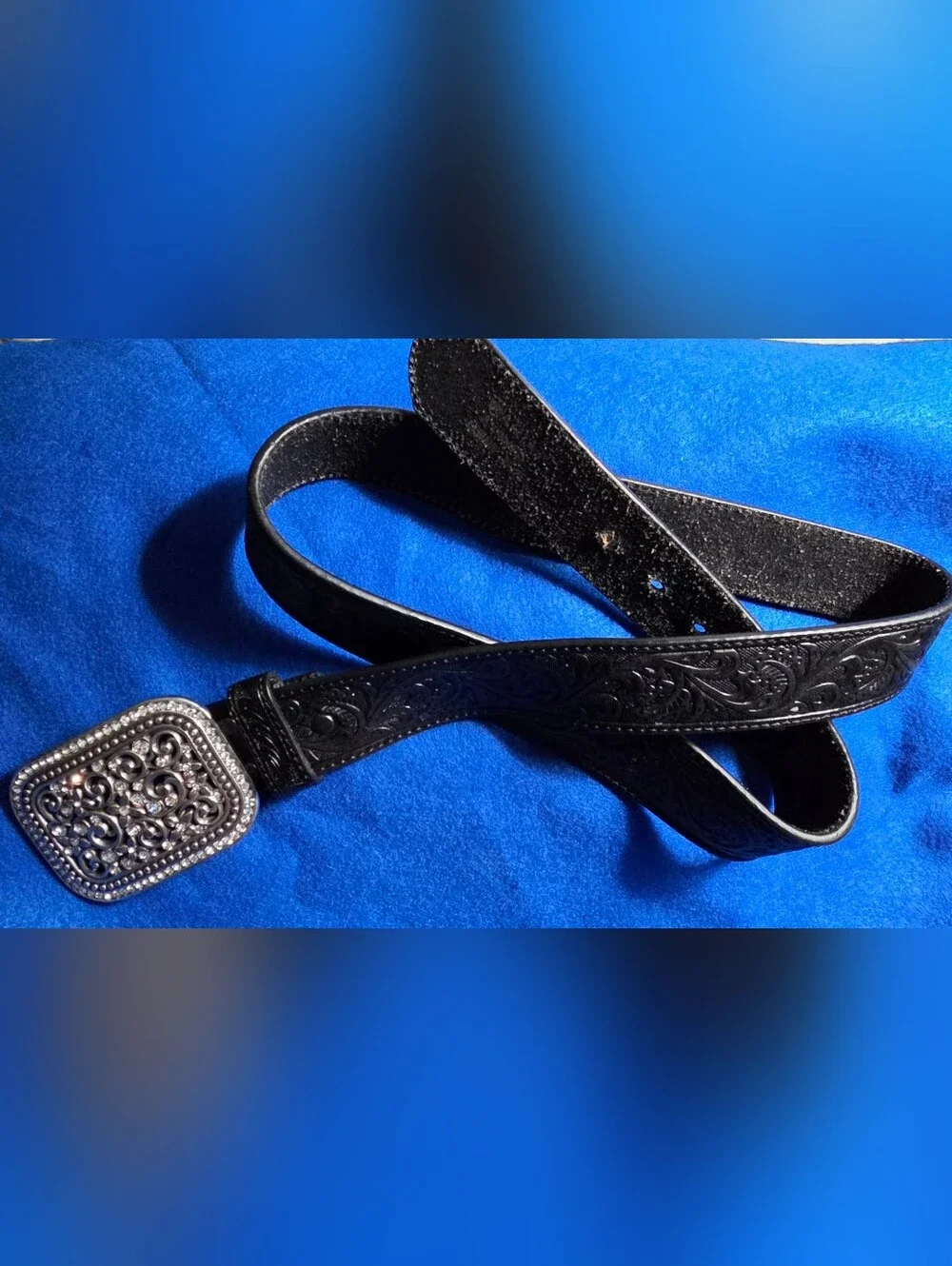 Ariat Rhinestone Silver Buckle Embossed Black Leather Belt Large New